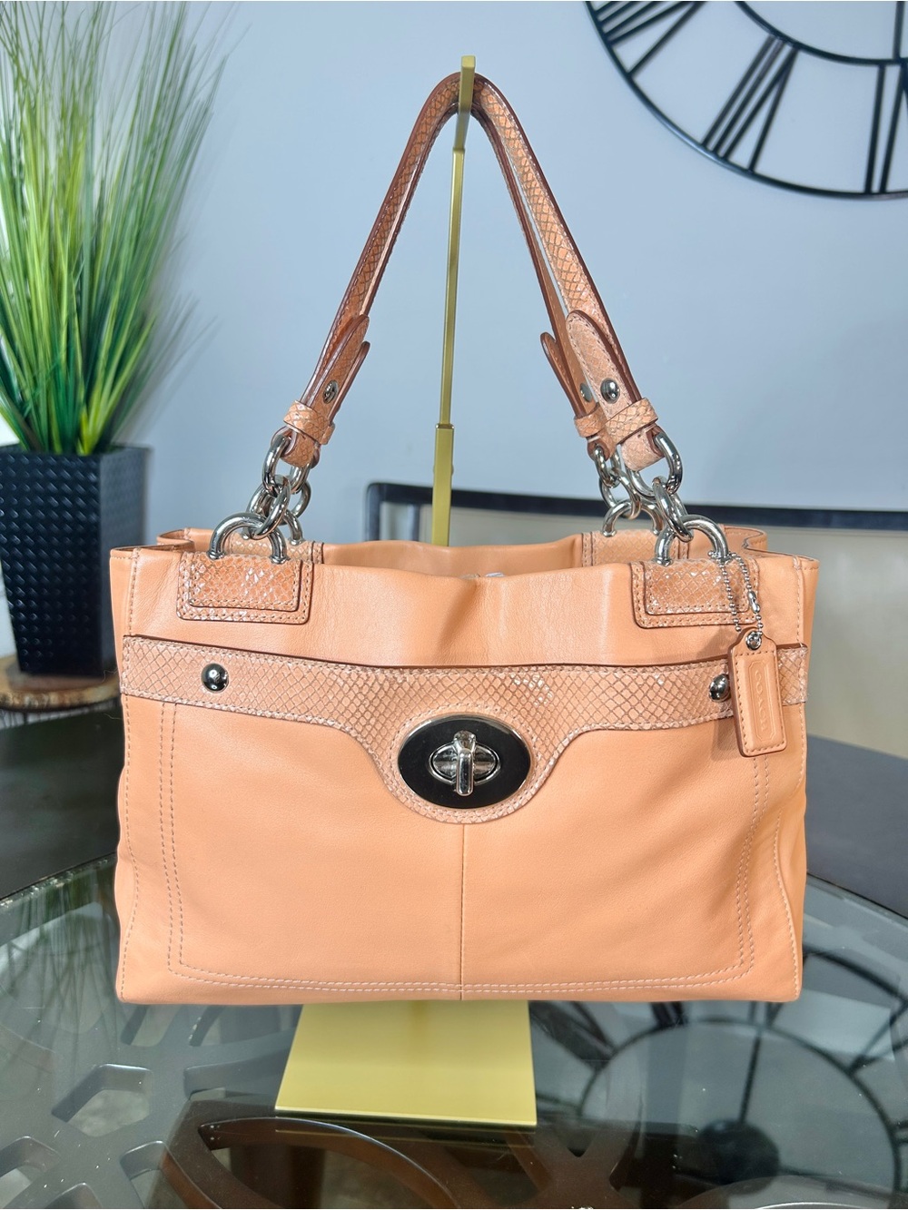 Coach Penelope Coral Leather Snakeskin Trim Satchel Shoulder Bag F16531